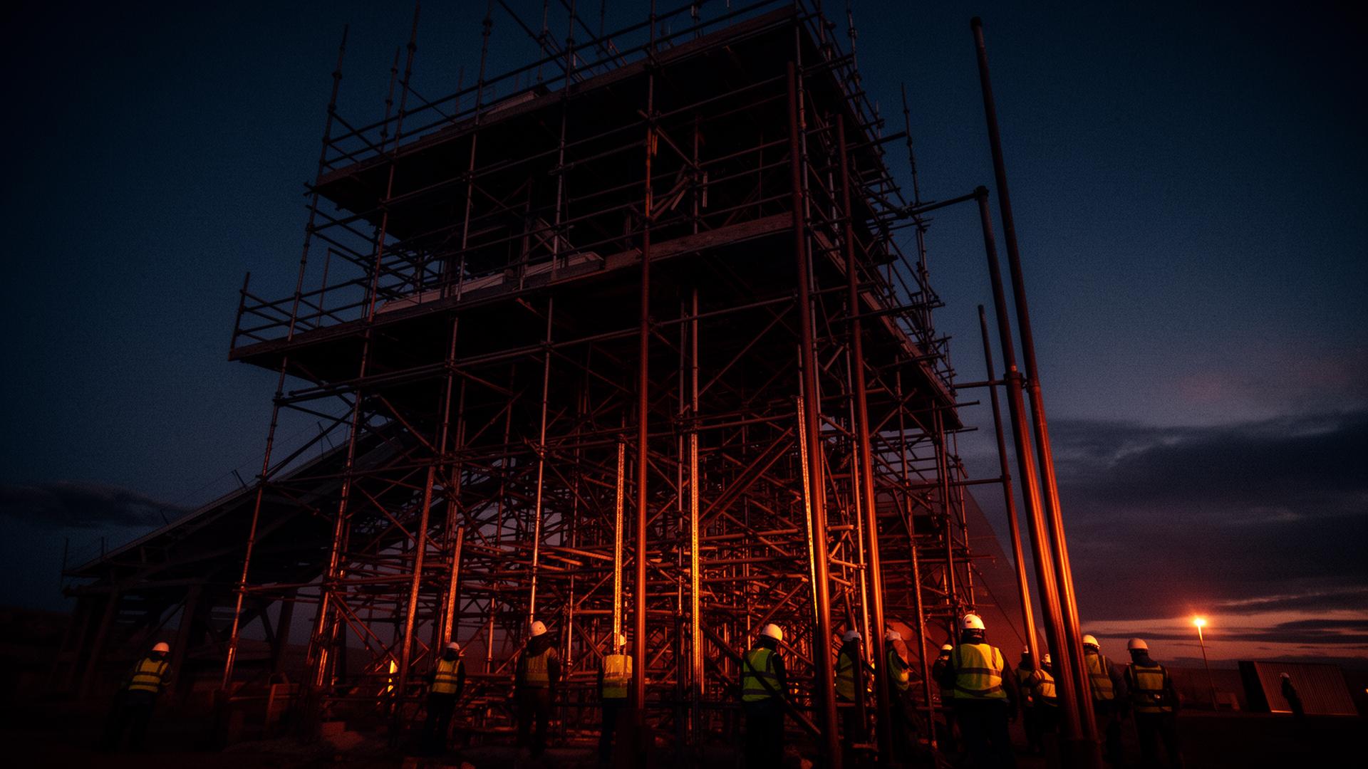 Industrial scaffolding at a Western Australia worksite at dusk